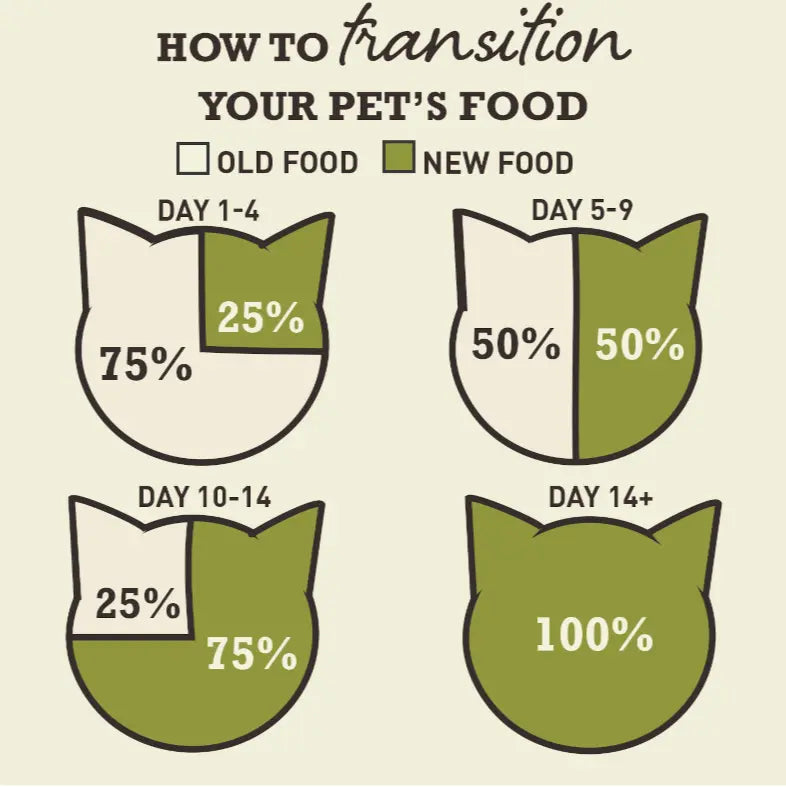 nfographic showing how to transition your cat’s food from old to new over 14+ days — starting with 25% new food, then 50%, 75% and finally 100%
