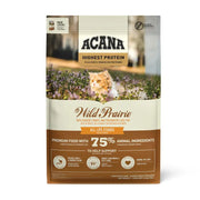Front of ACANA Highest Protein Wild Prairie dry cat food bag featuring a prairie background, 75% animal ingredients including free-run chicken & turkey, for all life-stages of cats.