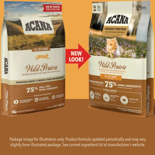 New look ACANA Highest Protein Wild Prairie dry cat food bag — 75% animal-based ingredients, free-run chicken & turkey, premium grain-free formula for all cat life-stages
