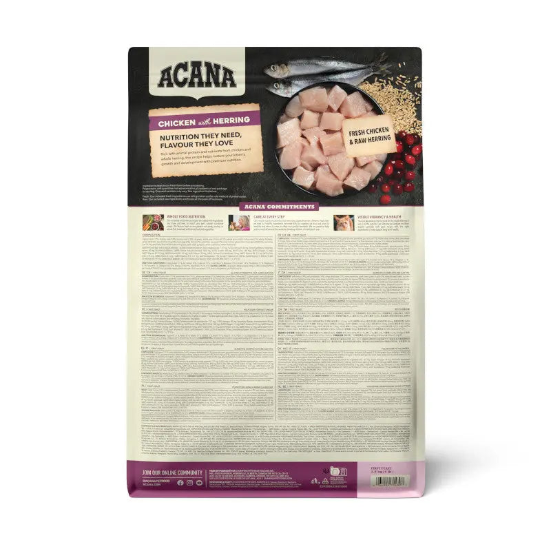 Back of ACANA Kitten First Feast Chicken & Herring dry cat food bag — detailed feeding guide, guaranteed analysis and ingredient panel tailored for kittens’ growth and development.