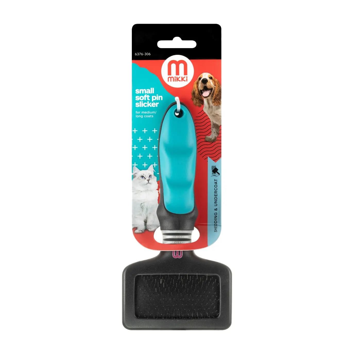 Small soft pin slicker brush for grooming cats and dogs with long hair, featuring a comfortable grip.
