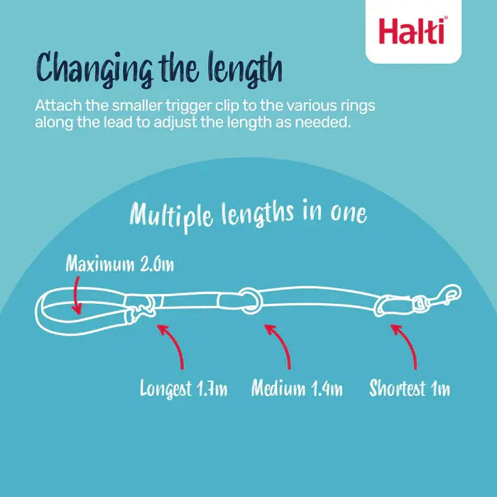 Halti dog lead infographic showing adjustable lengths: maximum 2.0m, longest 1.7m, medium 1.4m, shortest 1m.