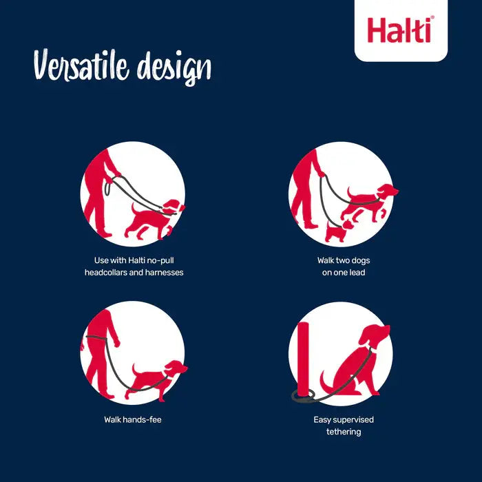 Versatile dog walking guide showcasing Halti products for no-pull headcollars and harnesses.