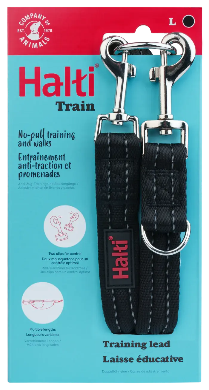 Halti training lead for no-pull walks, featuring adjustable lengths and durable clips.
