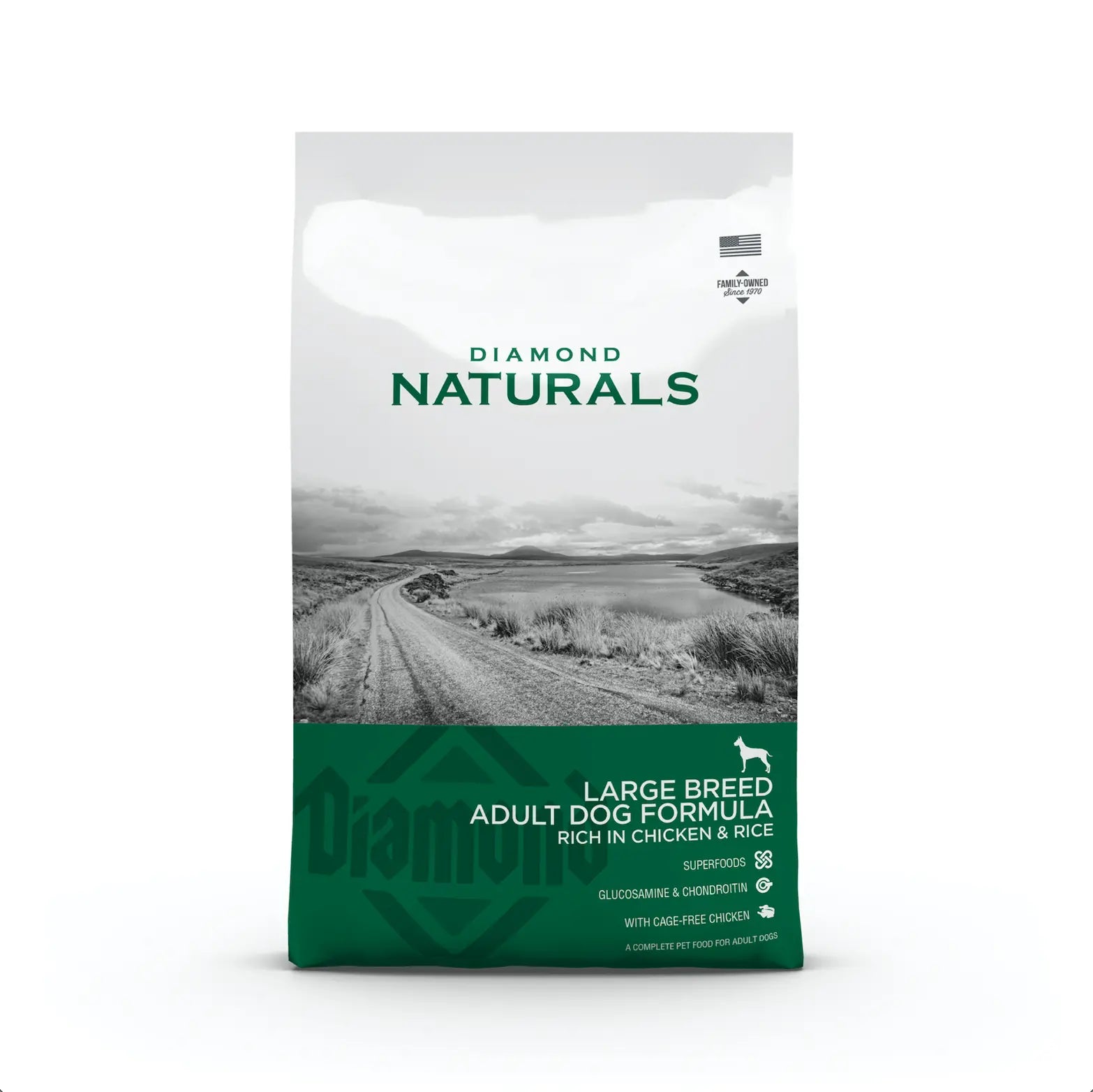Diamond Naturals large breed dog food bag, rich in chicken and rice, supports adult dogs' health.