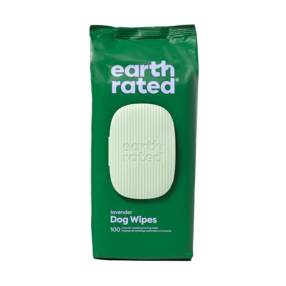 Earth Rated lavender dog wipes packaging, featuring 100 gentle, biodegradable wipes for pet care.