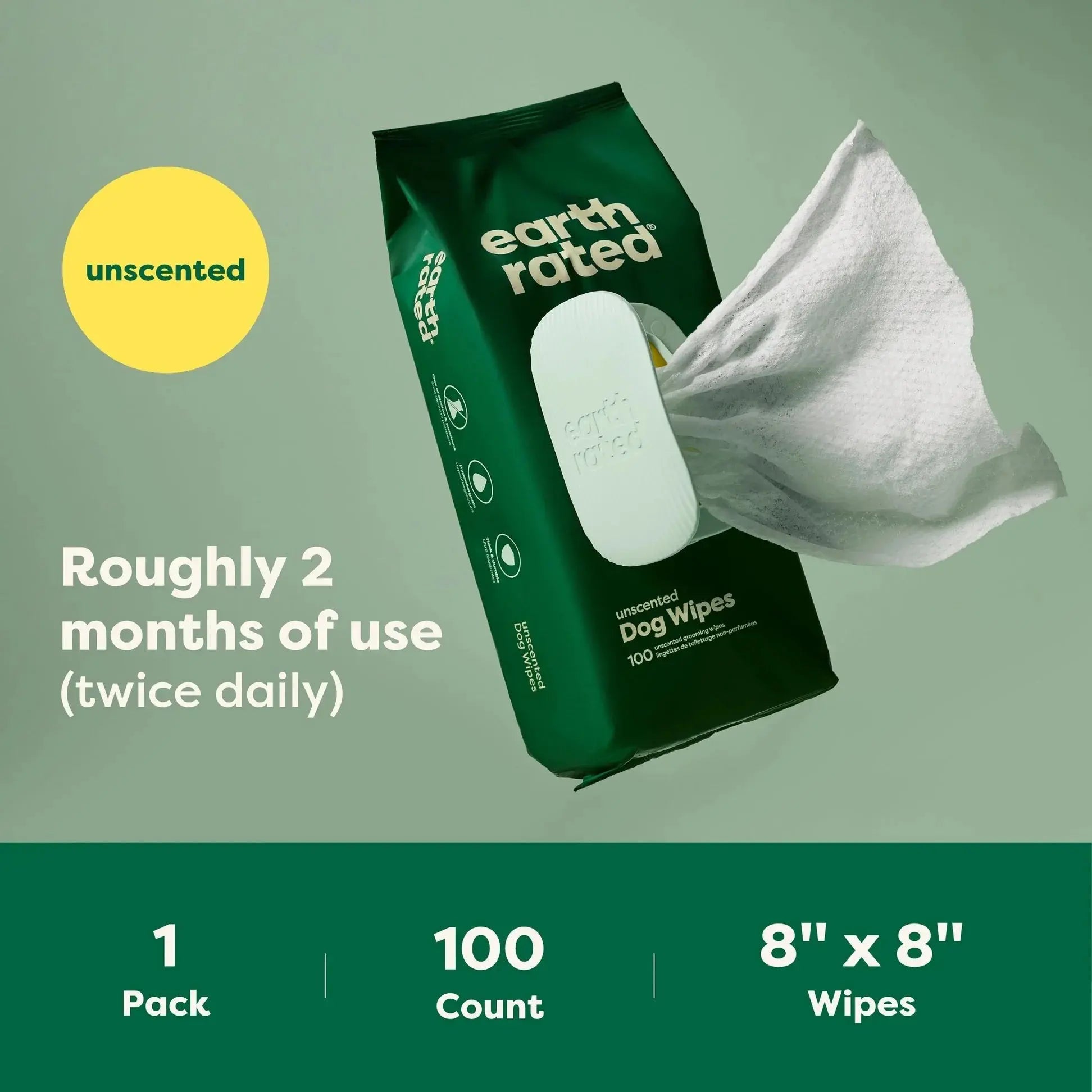 Unscented dog wipes in a green pack, providing 100 wipes for two months of use.