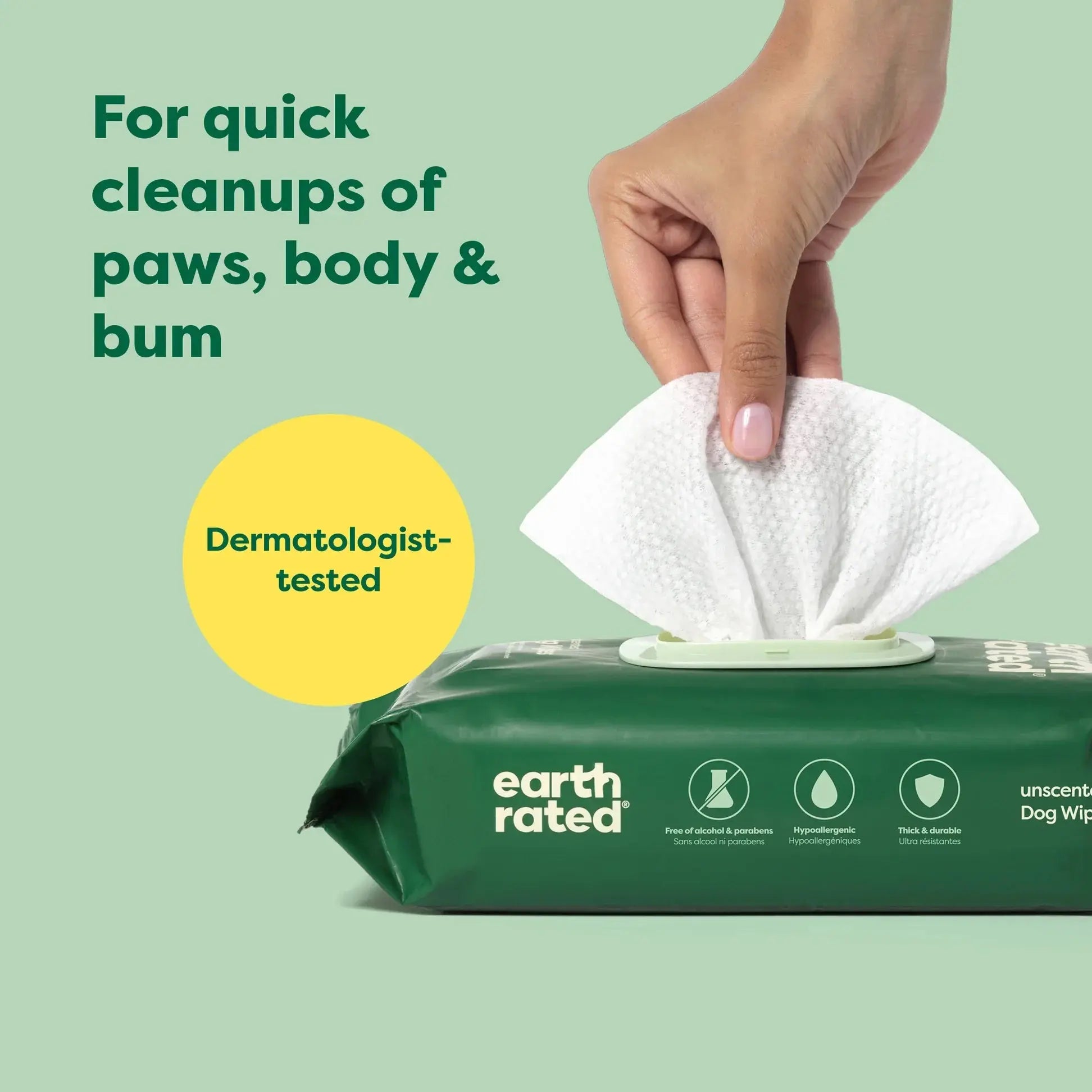 Earth Rated dog wipes for quick cleanups of paws, body, and bum, dermatologist-tested for safety.