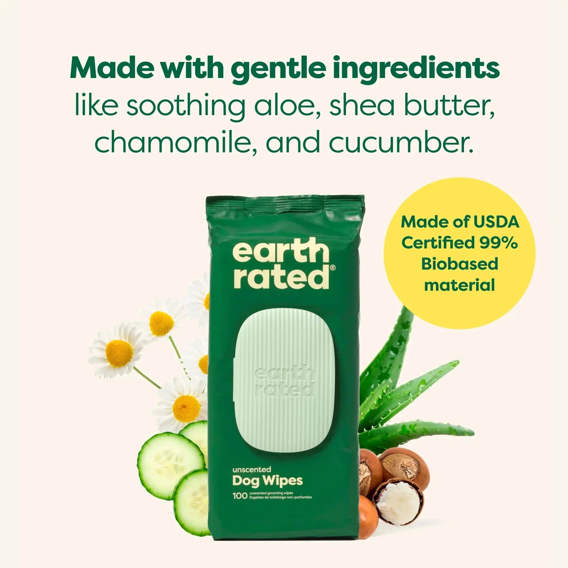Earth Rated unscented dog wipes with aloe, shea butter, chamomile, and cucumber for gentle cleaning.