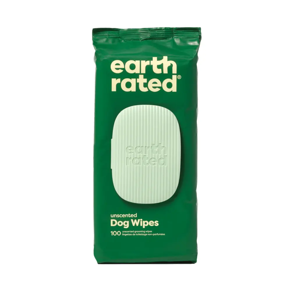 Earth Rated unscented dog wipes for easy pet clean-up, featuring 100 biodegradable wipes in a convenient pack.