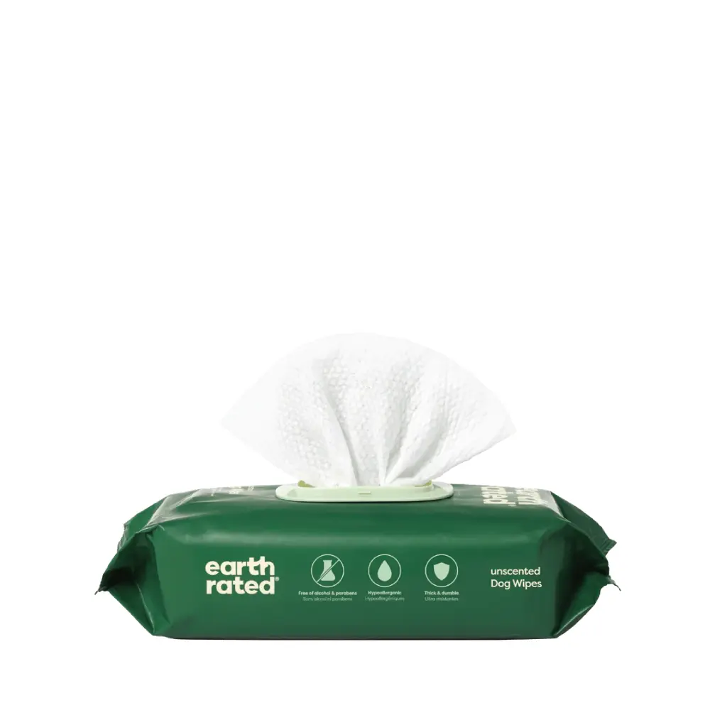 Earth Rated unscented dog wipes in a green packaging for easy pet cleaning and grooming.