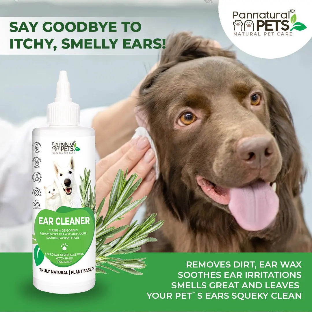 Ear cleaner for pets, removes dirt and wax, soothes irritations, keeps ears fresh and clean.