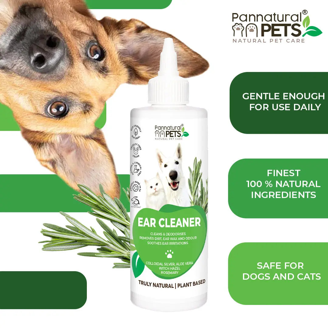 Ear cleaner for dogs and cats, made with natural ingredients for gentle, effective use.