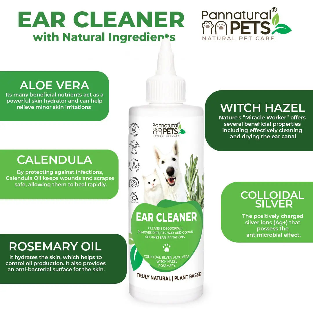 Ear cleaner with natural ingredients like aloe vera, witch hazel, and calendula for pet ear care.