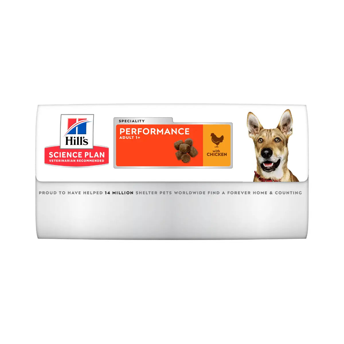 Hill's Science Plan Performance dog food packaging featuring chicken and a happy dog.