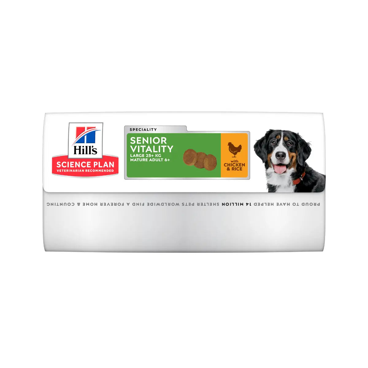 Hill's Science Plan Senior Vitality dog food, chicken and rice formula, for healthy aging in adult dogs.
