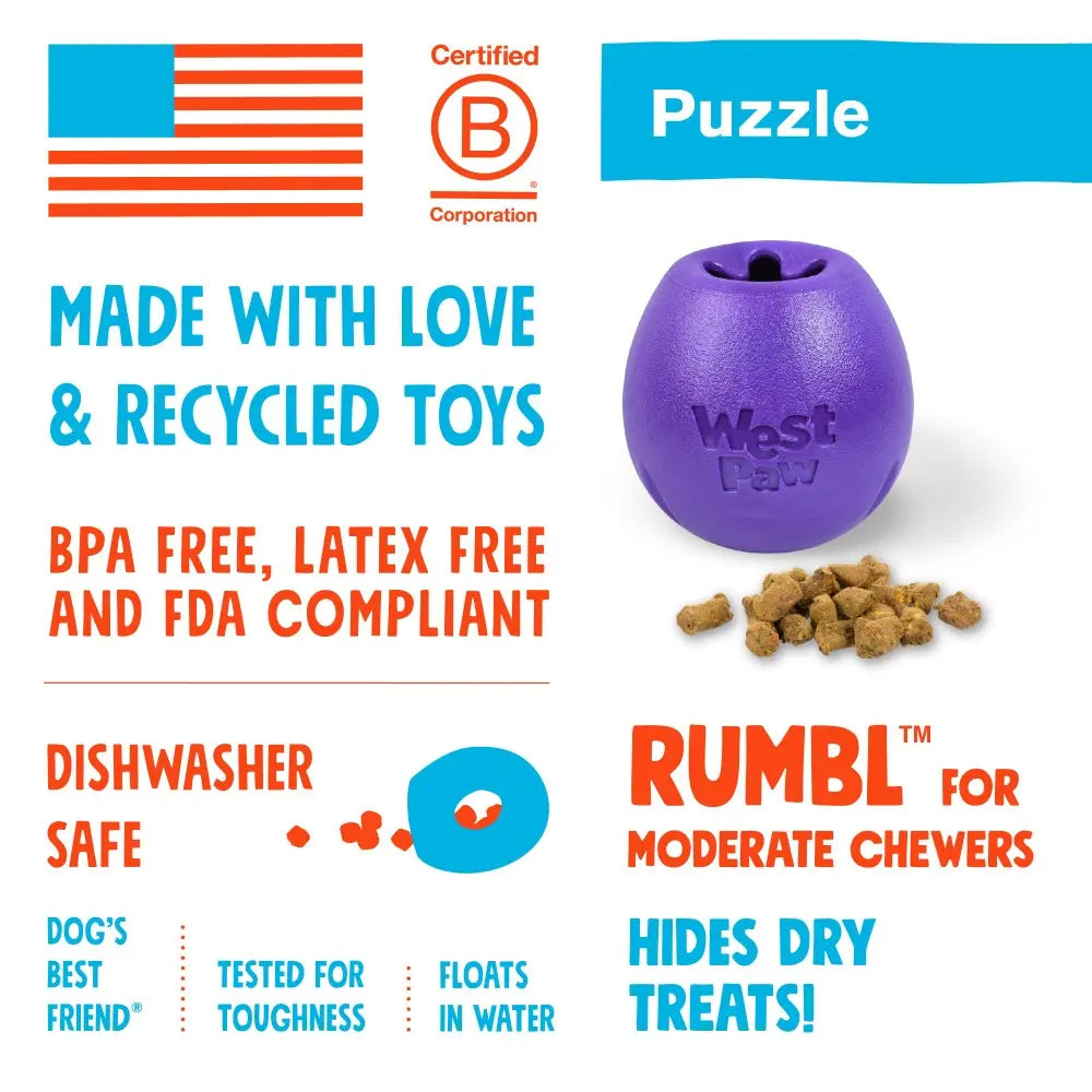 Purple puzzle toy for dogs, made from recycled materials, dishwasher safe, and hides treats.