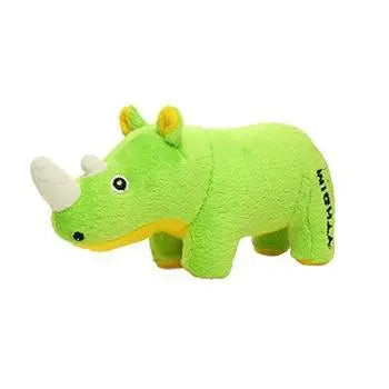 Green plush rhinoceros toy, soft and cuddly, perfect for kids and animal lovers.