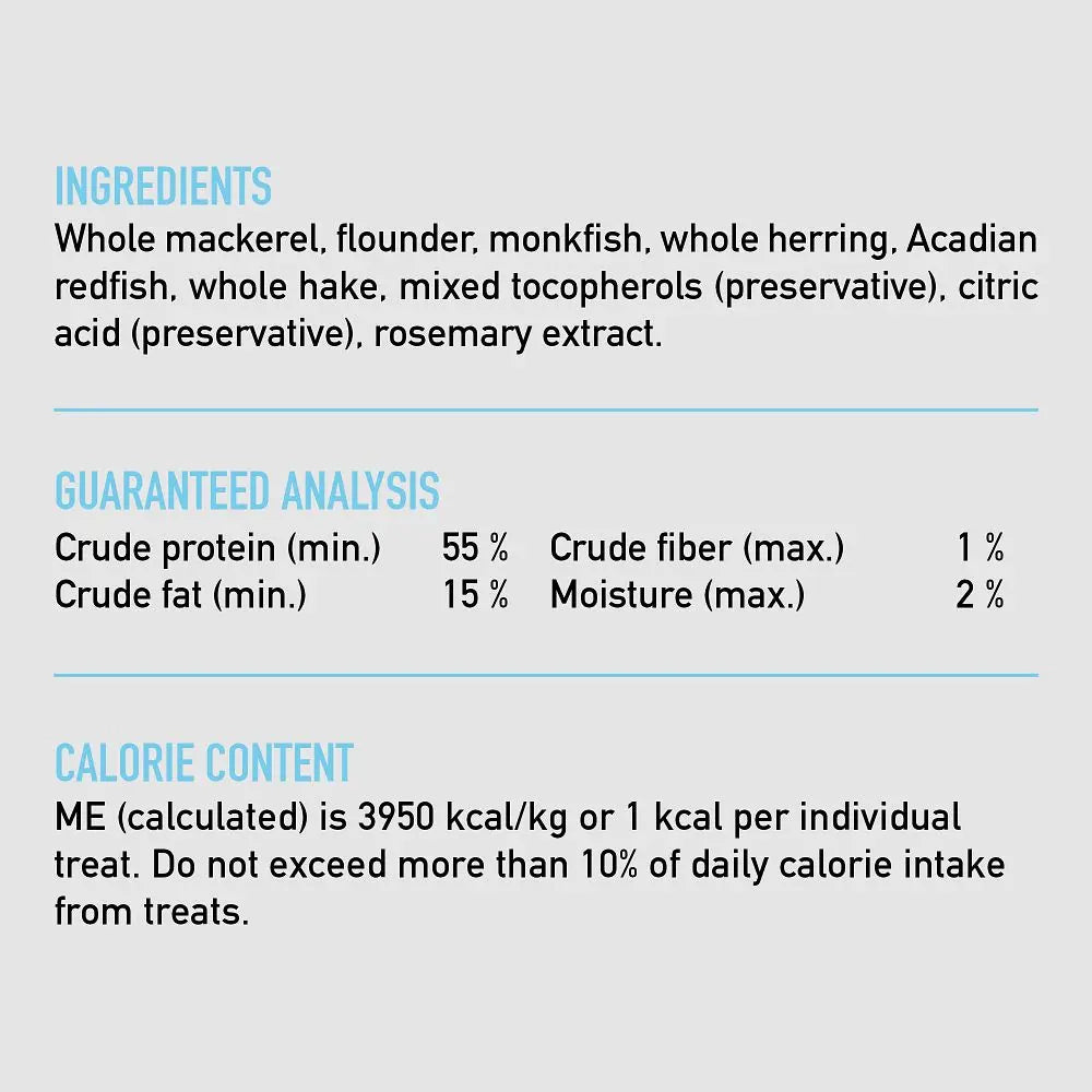 Ingredients and nutritional analysis for a seafood-based pet food product.