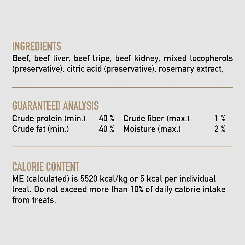 Beef dog treat ingredients, guaranteed analysis, and calorie content information.