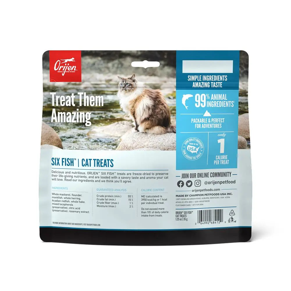Orijen Six Fish Cat Treats packaging featuring natural ingredients and a scenic outdoor background.
