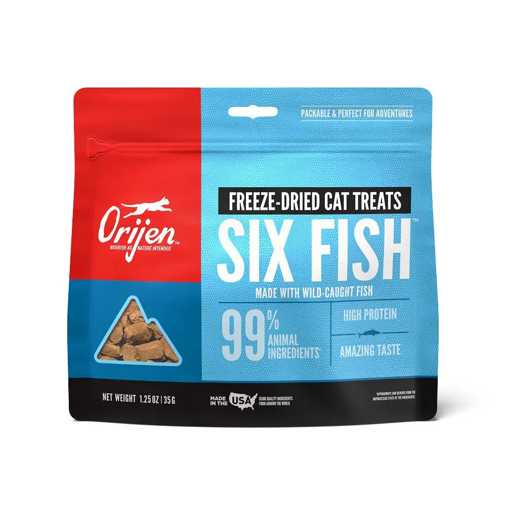 Orijen freeze-dried cat treats with six fish, high protein, made from wild-caught ingredients.