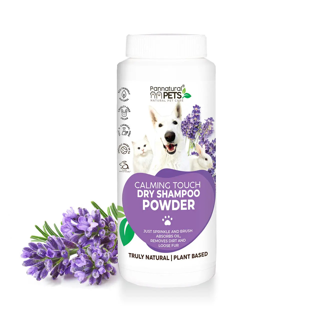 Natural dry shampoo powder for pets with calming lavender scent, promoting clean and fresh fur.