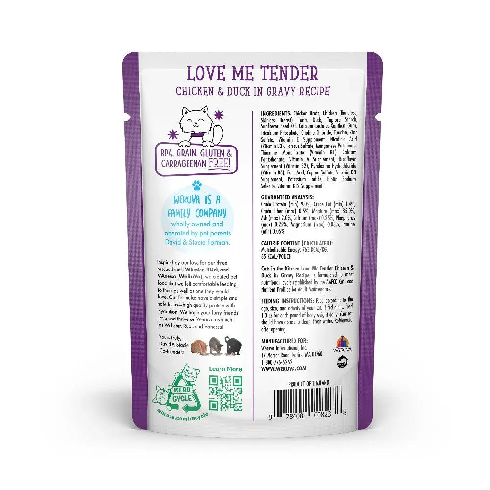 Chicken and duck in gravy pet food pouch with ingredients and feeding guide.