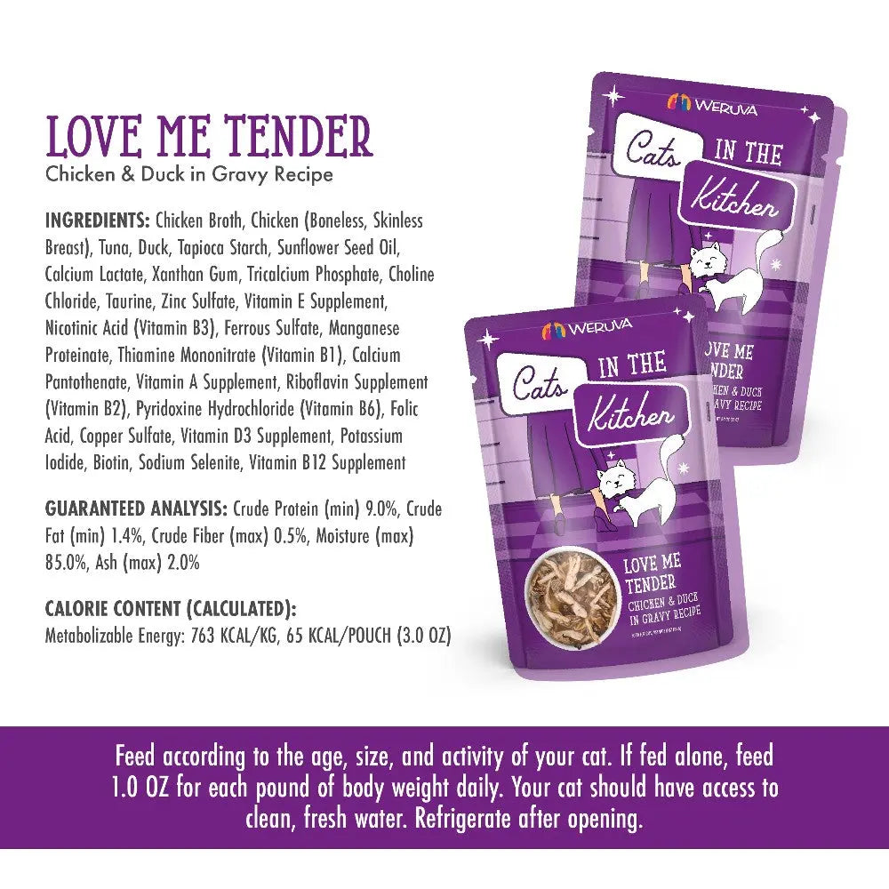 Love Me Tender chicken and duck in gravy recipe for cats, featuring nutritious ingredients and feeding guidelines.