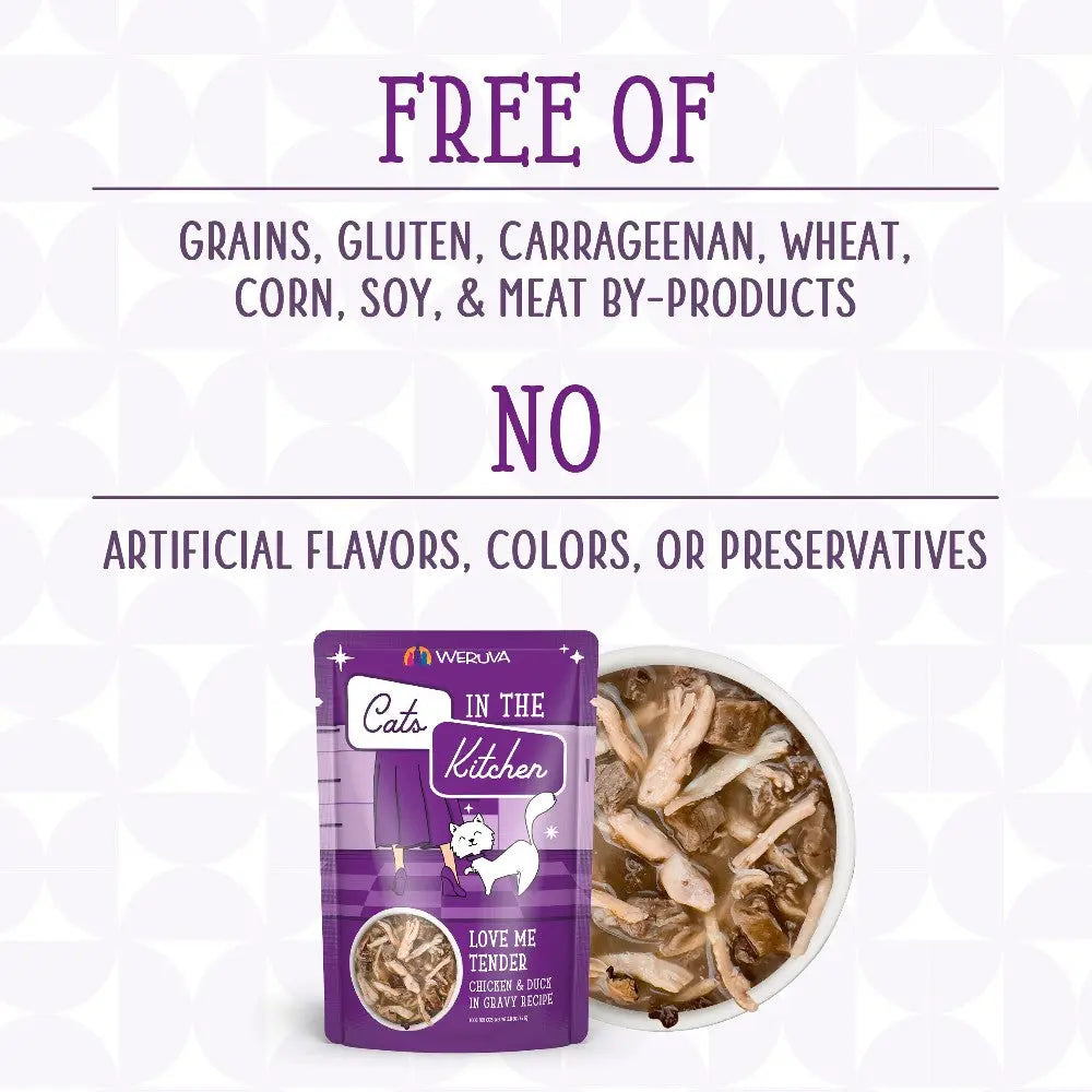 Cat food packaging highlighting grain-free, gluten-free, and no artificial additives for healthy feline meals.