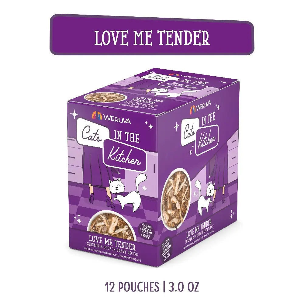 Cats in the Kitchen Love Me Tender cat food pouches, chicken and gravy recipe, 12 pouches, 3 oz each.