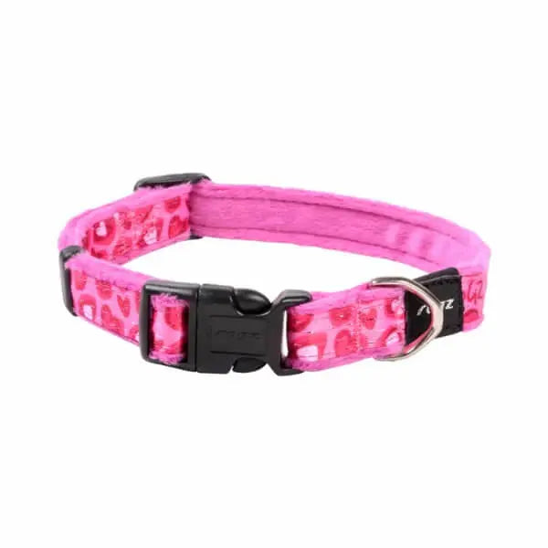 Pink pet collar with heart patterns, adjustable buckle, and durable design for stylish pet accessories.