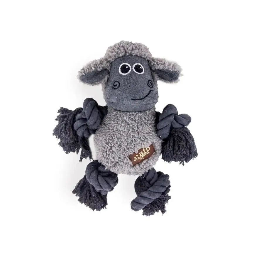 Soft plush sheep dog toy with rope limbs for interactive play and chewing.