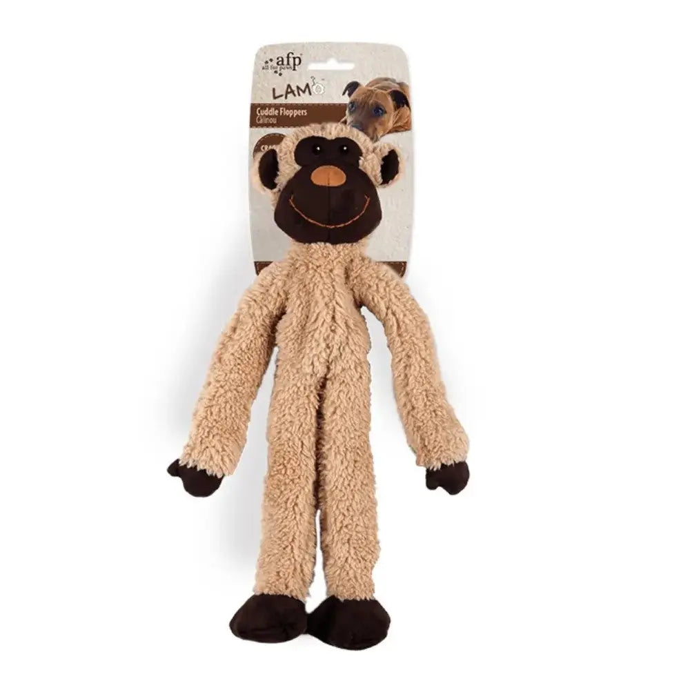 Soft plush monkey dog toy with long limbs for cuddling and playtime fun.