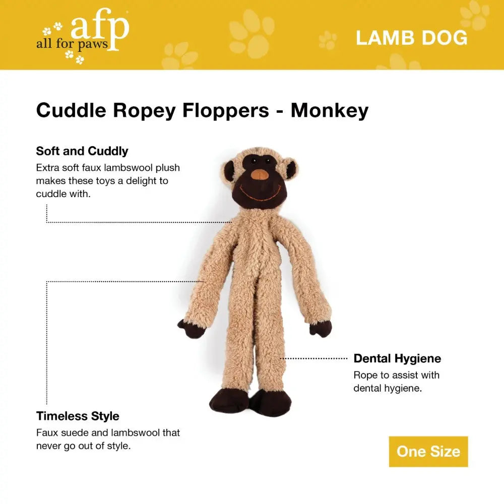 Cuddle Rope Floppers Monkey toy, soft plush for cuddling and promoting dental hygiene.