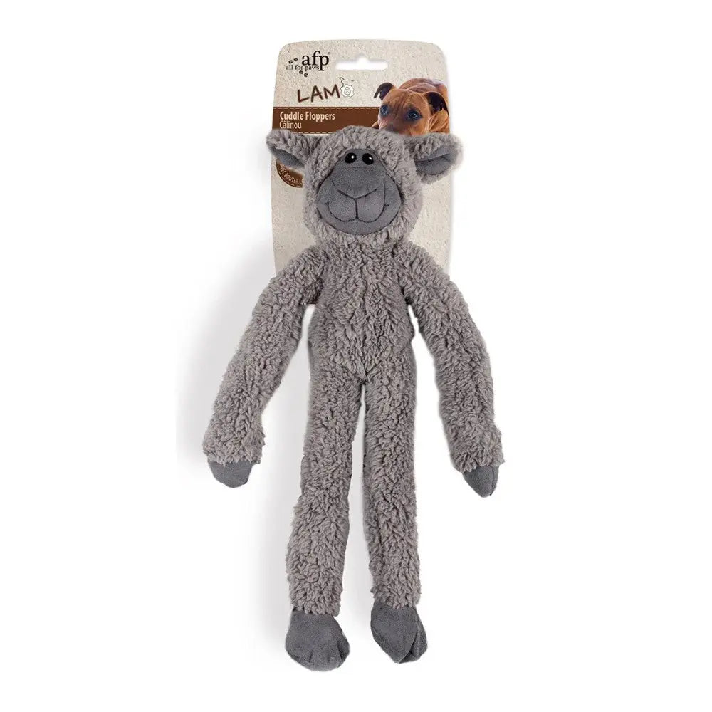 Soft gray dog toy with long limbs and a smiling face, perfect for cuddling and playtime.