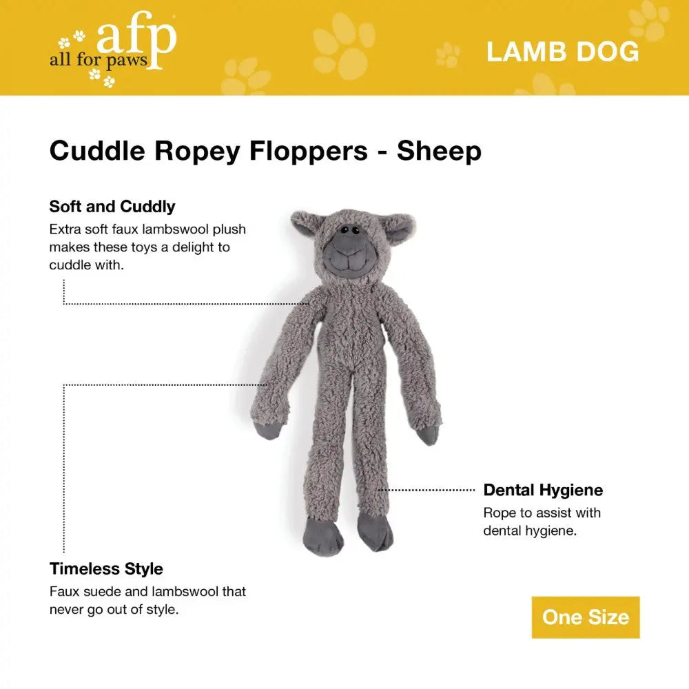 Cuddle Ropey Floppers sheep toy, soft faux lambswool for dental hygiene and cuddly playtime fun.