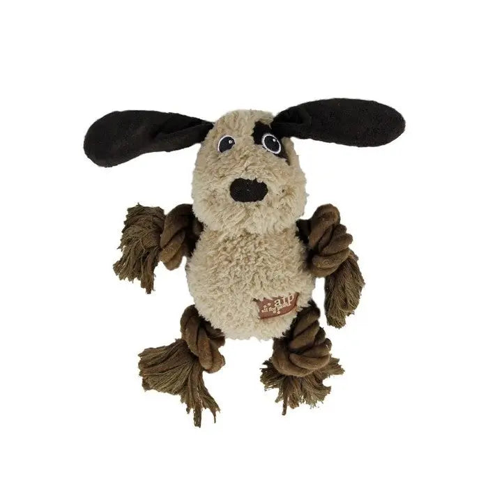 Soft plush dog toy with rope limbs, perfect for playful pets and interactive fun.