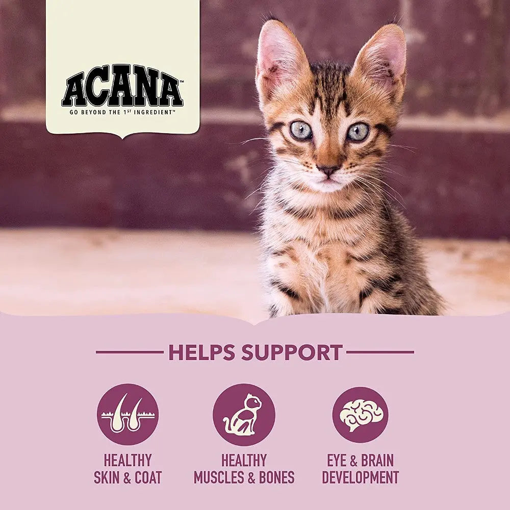 Front of ACANA Kitten First Feast – Chicken with Herring dry cat food bag showcasing high-animal-protein wholesome growth formula for kittens.