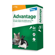 Advantage flea treatment for cats and rabbits, effective for pets up to 4 kg, in a 4-pack box.