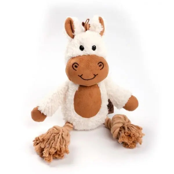 Soft plush cow toy with rope legs, perfect for cuddling and playtime.