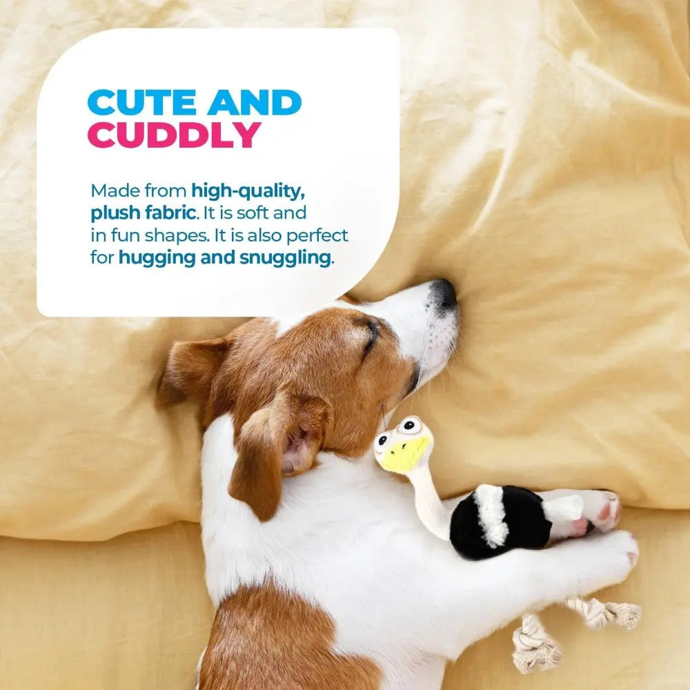 Cute dog cuddling with a plush toy on a cozy bed, perfect for snuggling and playtime.