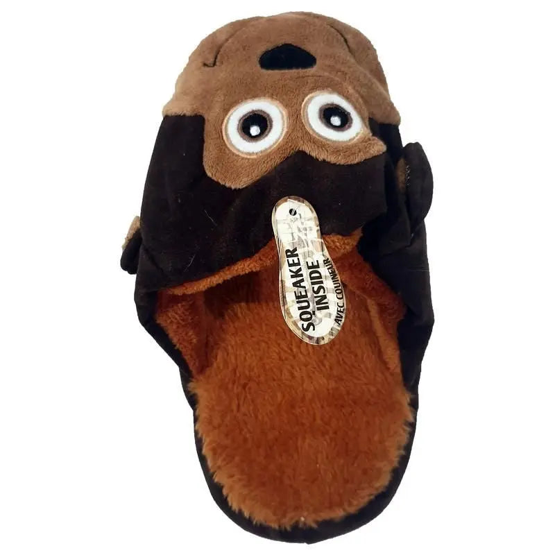 Plush dog slippers with squeaker, perfect for cozy comfort and playful fun at home.