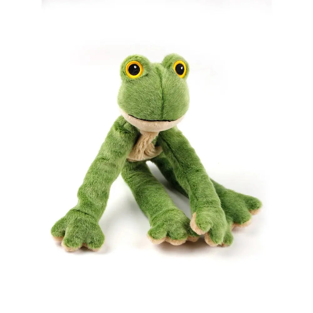 Plush green frog toy with bright yellow eyes, perfect for cuddling and imaginative play.