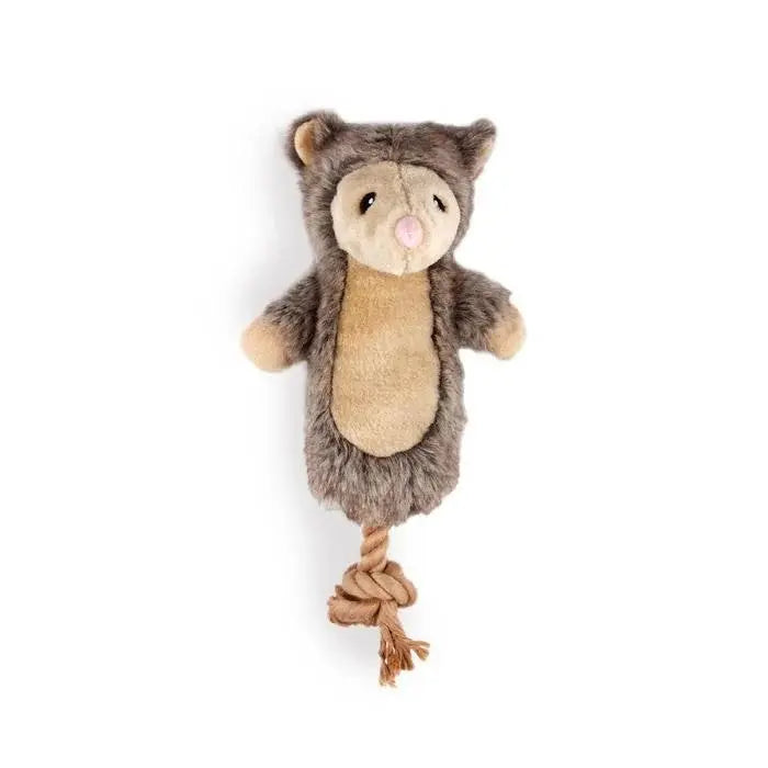 Soft plush toy for dogs, featuring a cute bear design and a durable rope tail for interactive play.