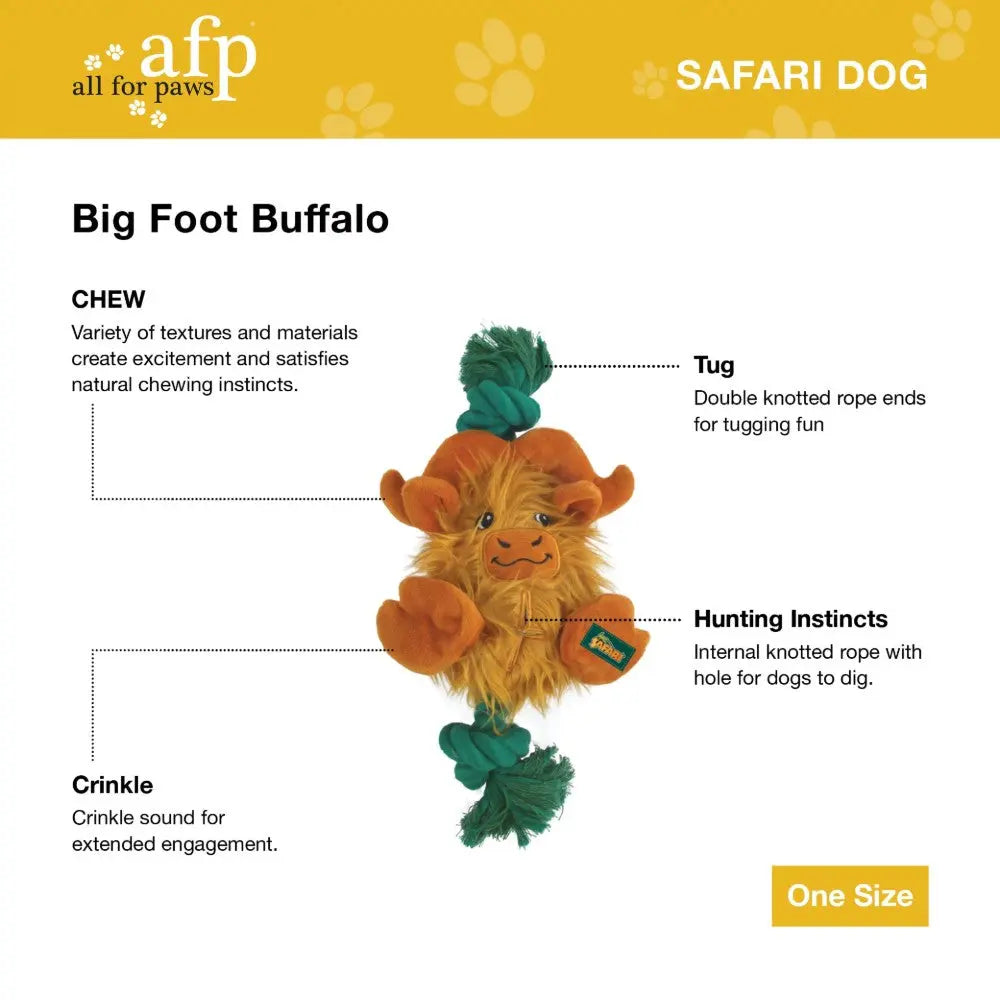 Big Foot Buffalo dog toy with textures for chewing, tugging, and crinkle sounds for engagement.