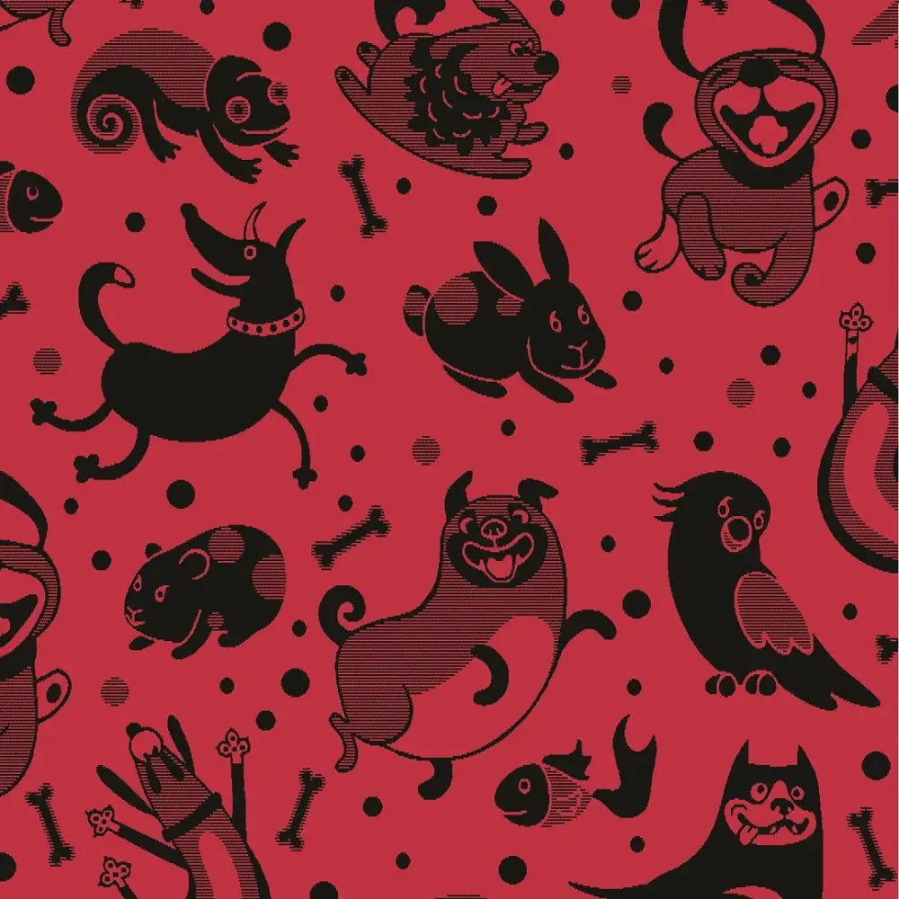 Playful black animal silhouettes on a vibrant red background, featuring dogs, cats, and other pets.