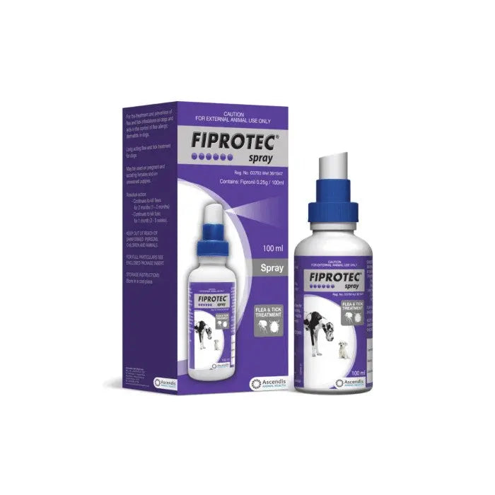 Fiprotec spray for pets, 100ml, effective flea and tick treatment in easy-to-use packaging.