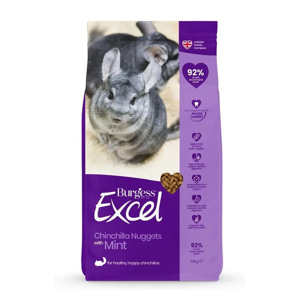Burgess Excel Chinchilla Nuggets with Mint for healthy, happy chinchillas, featuring a nutritious formula.