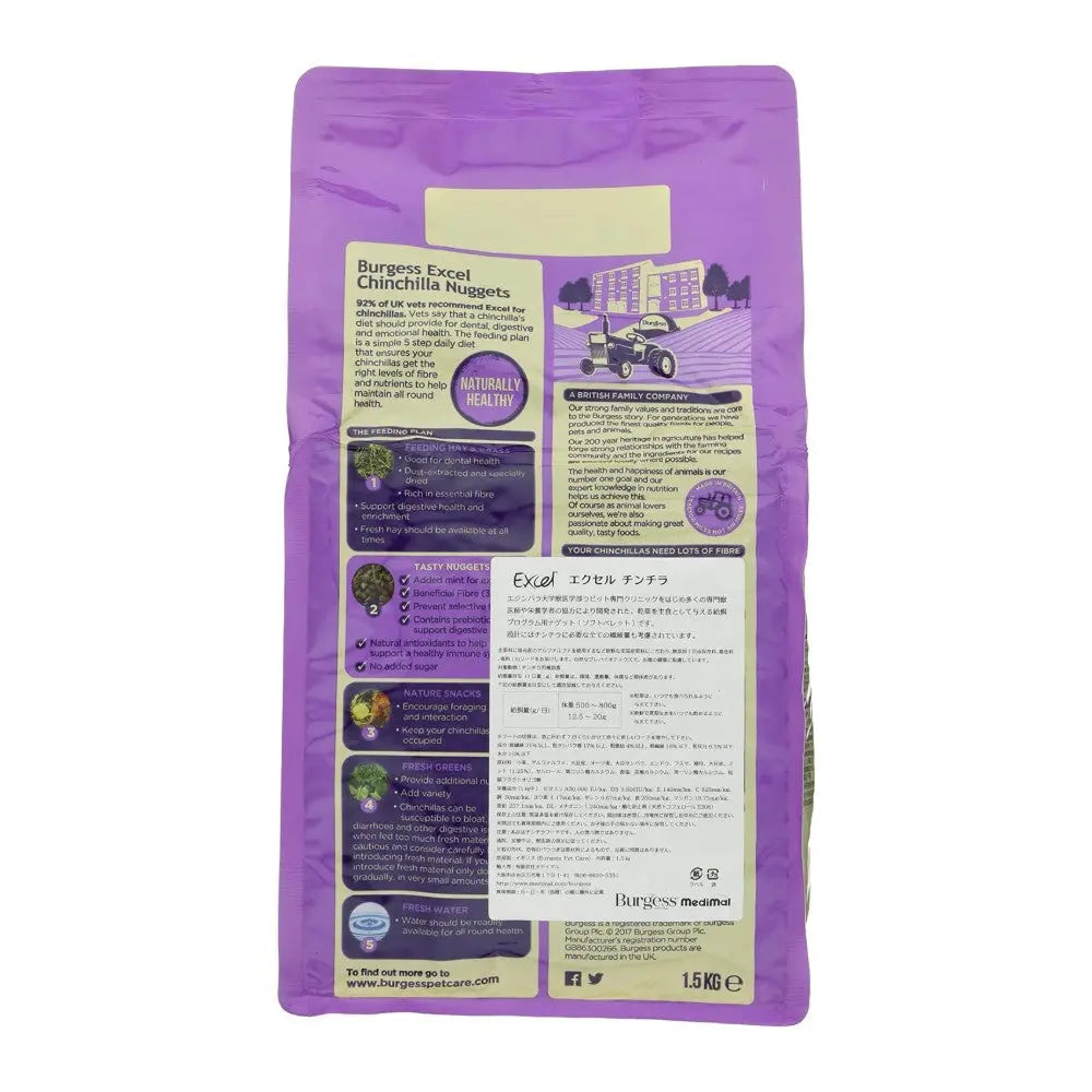 Burgess Excel Chinchilla Nuggets packaging with feeding guide and nutritional information.